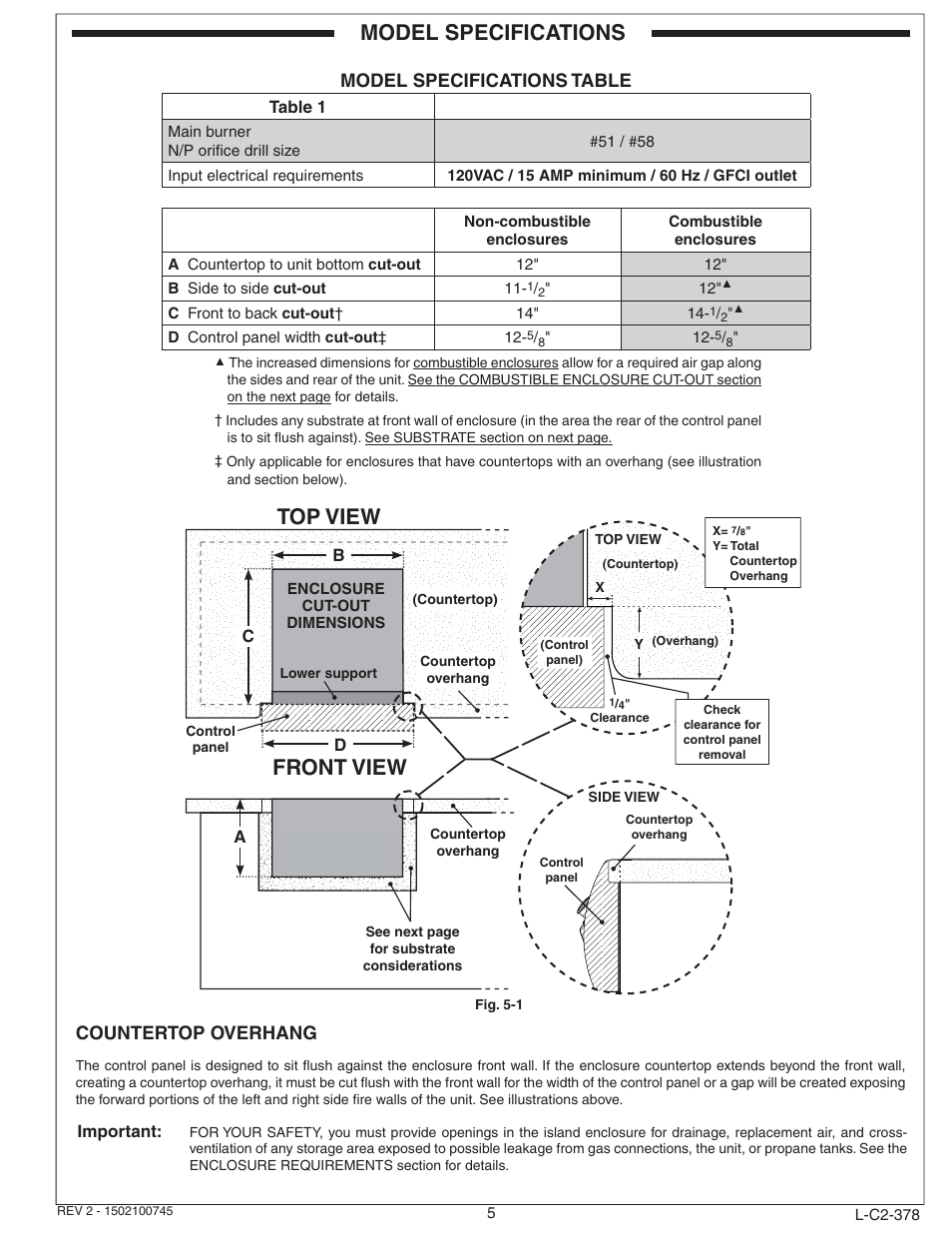 Model specifications top view, Front view, Countertop overhang | Model specifications table | Fire Magic Diamond Single Sideburner 32794-1 Series User Manual | Page 5 / 26