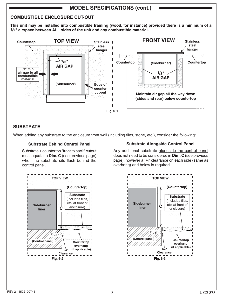 Top view front view, Model specifications (cont.), Substrate | Combustible enclosure cut-out | Fire Magic Diamond Single Sideburner 32794-1 Series User Manual | Page 6 / 26