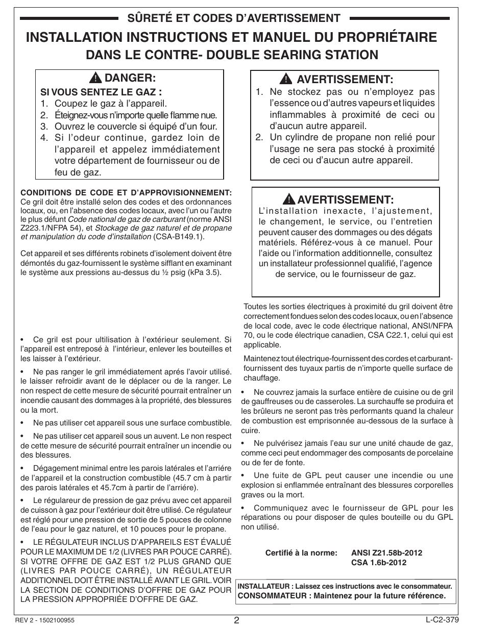 Dans le contre- double searing station, Danger, Avertissement | Sûreté et codes d’avertissement | Fire Magic Diamond Double Searing Station 32884-1(P) User Manual | Page 2 / 26