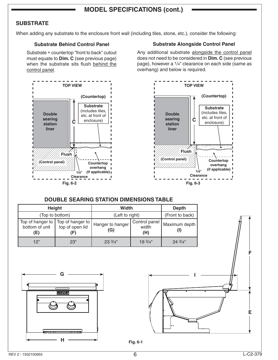 Model specifications (cont.), 6substrate, Double searing station dimensions table | Fire Magic Diamond Double Searing Station 32884-1(P) User Manual | Page 6 / 26