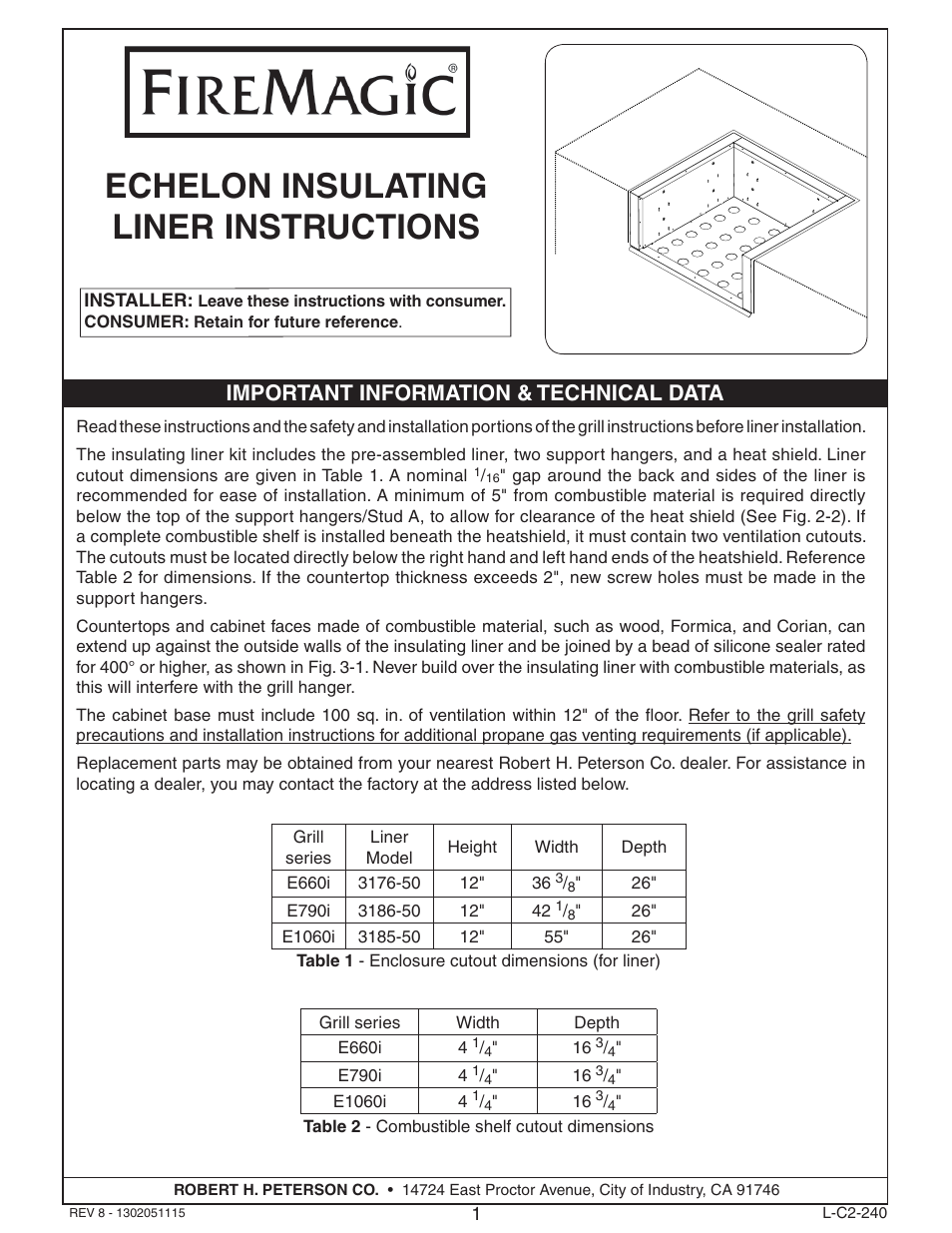 Fire Magic Echelon Insulating Liner User Manual | 4 pages