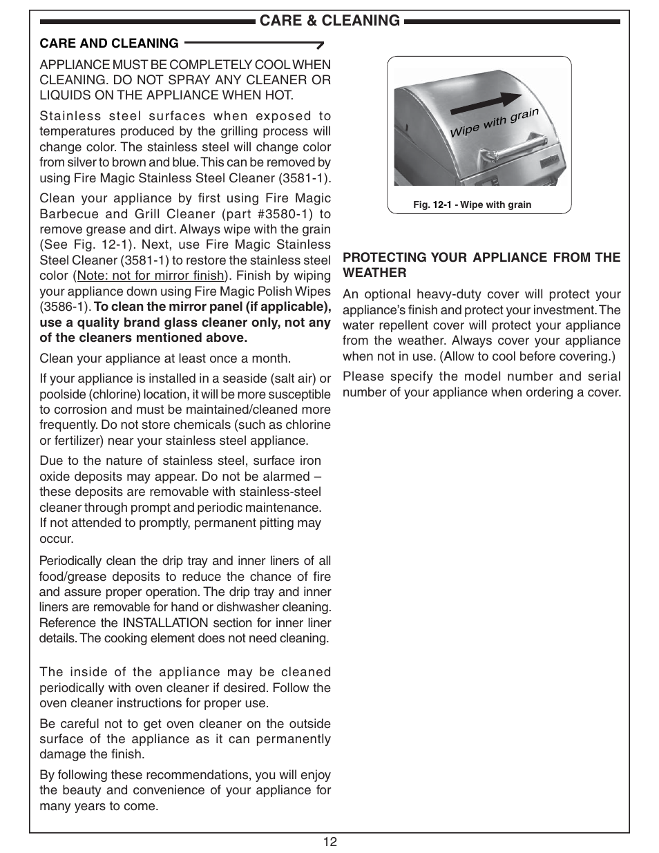 Care & cleaning | Fire Magic Electric Grill User Manual | Page 12 / 14