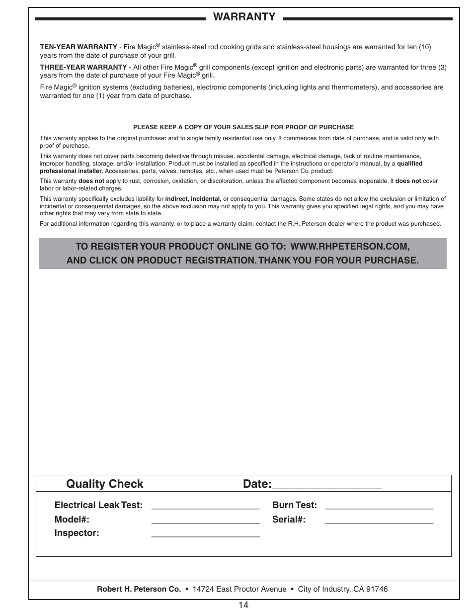 Quality check date, Warranty | Fire Magic Electric Grill User Manual | Page 14 / 14