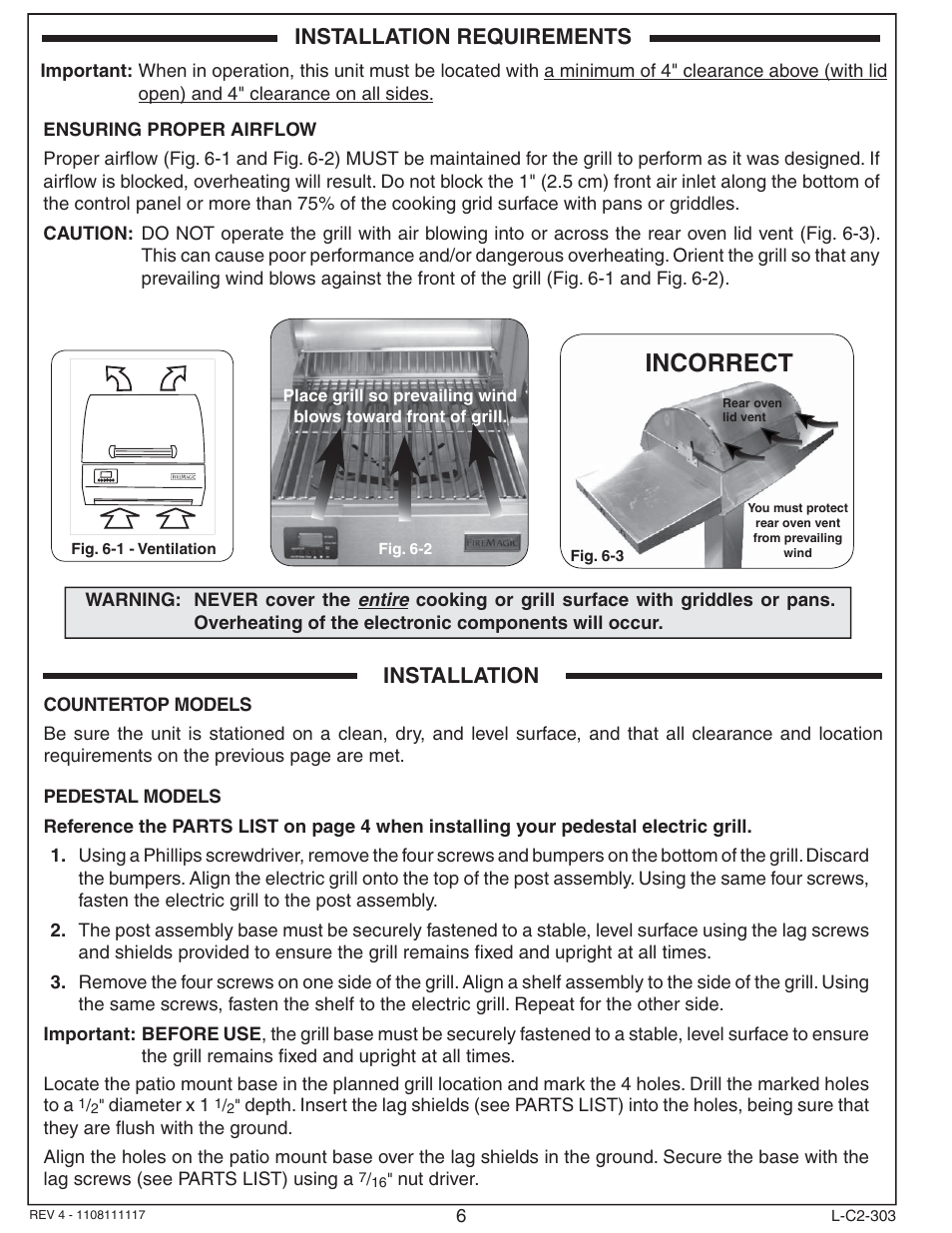 Incorrect, Installation requirements, Installation | Fire Magic Electric Grill User Manual | Page 6 / 14