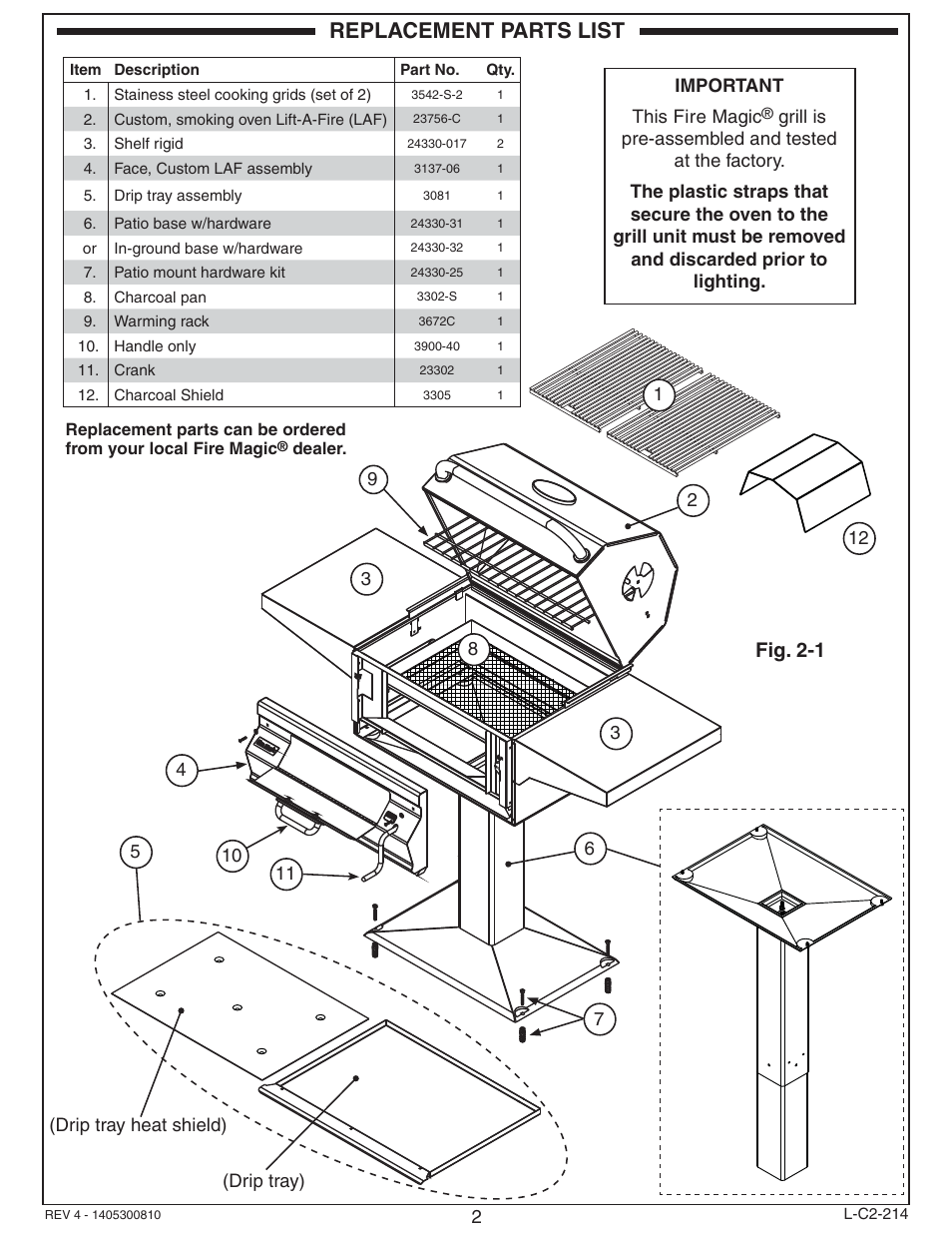 Replacement parts list, Fig. 2-1 | Fire Magic Charcoal Patio Post Barbecue 22 Series User Manual | Page 2 / 8