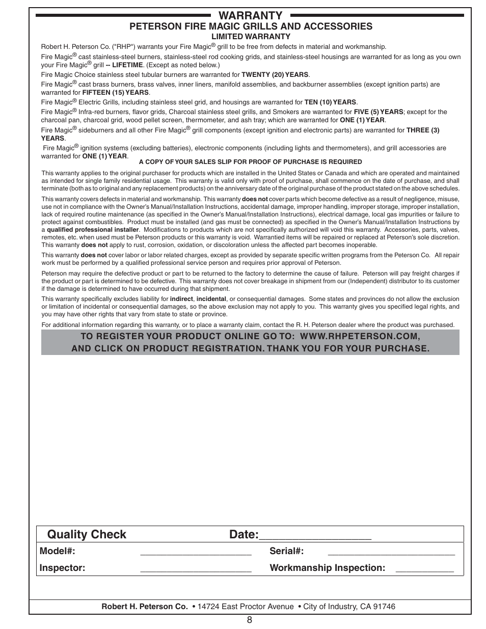 Quality check date, Warranty, Peterson fire magic grills and accessories | Fire Magic Charcoal Patio Post Barbecue 22 Series User Manual | Page 8 / 8