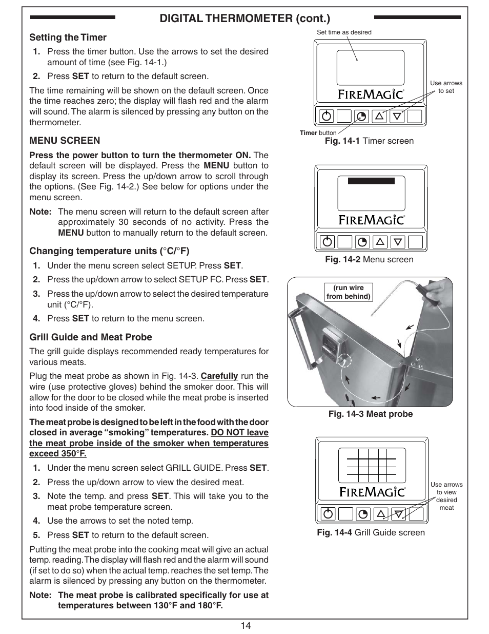 Digital thermometer (cont.), Setting the timer, Menu screen | Changing temperature units ( ° c/ ° f), Grill guide and meat probe, Timer, Fig. 14-2 menu screen, Fig. 14-4 grill guide screen, Fig. 14-1 timer screen, Fig. 14-3 meat probe | Fire Magic Smoker 24S-SM(B) User Manual | Page 14 / 22