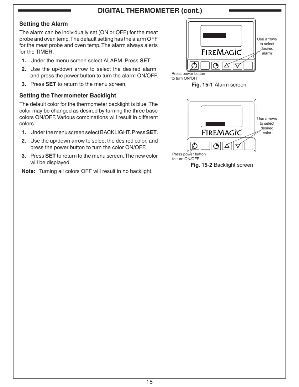 Digital thermometer (cont.), Setting the alarm, Setting the thermometer backlight | Fire Magic Smoker 24S-SM(B) User Manual | Page 15 / 22