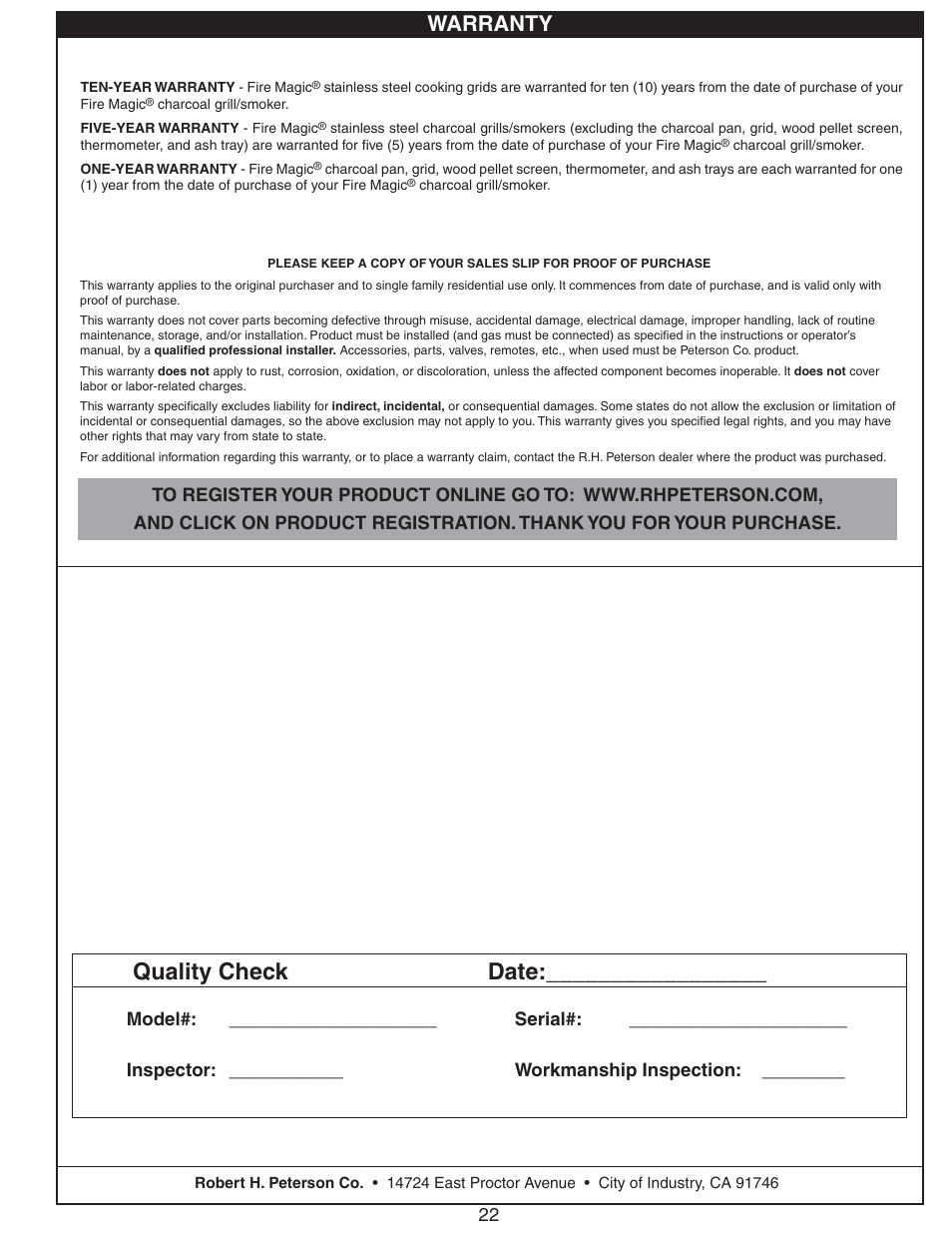 Quality check date, Warranty | Fire Magic Smoker 24S-SM(B) User Manual | Page 22 / 22