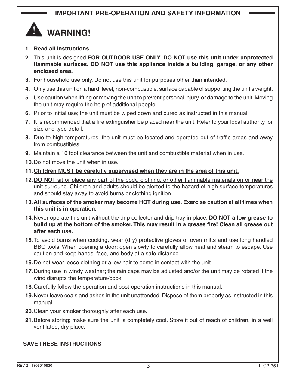 Warning | Fire Magic Smoker 24S-SM(B) User Manual | Page 3 / 22