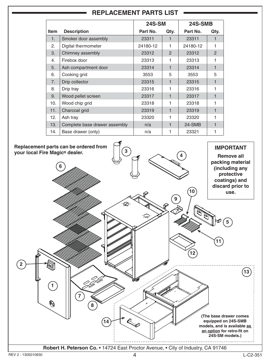 Replacement parts list | Fire Magic Smoker 24S-SM(B) User Manual | Page 4 / 22