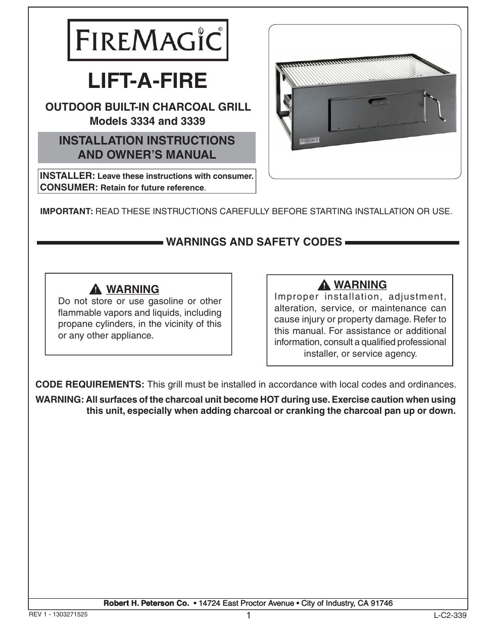 Fire Magic Lift-A-Fire Built-in Charcoal Grill 3334 User Manual | 8 pages