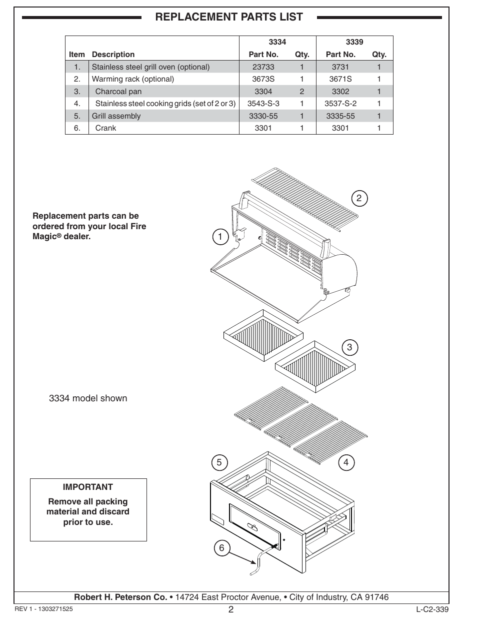 Replacement parts list | Fire Magic Lift-A-Fire Built-in Charcoal Grill 3334 User Manual | Page 2 / 8
