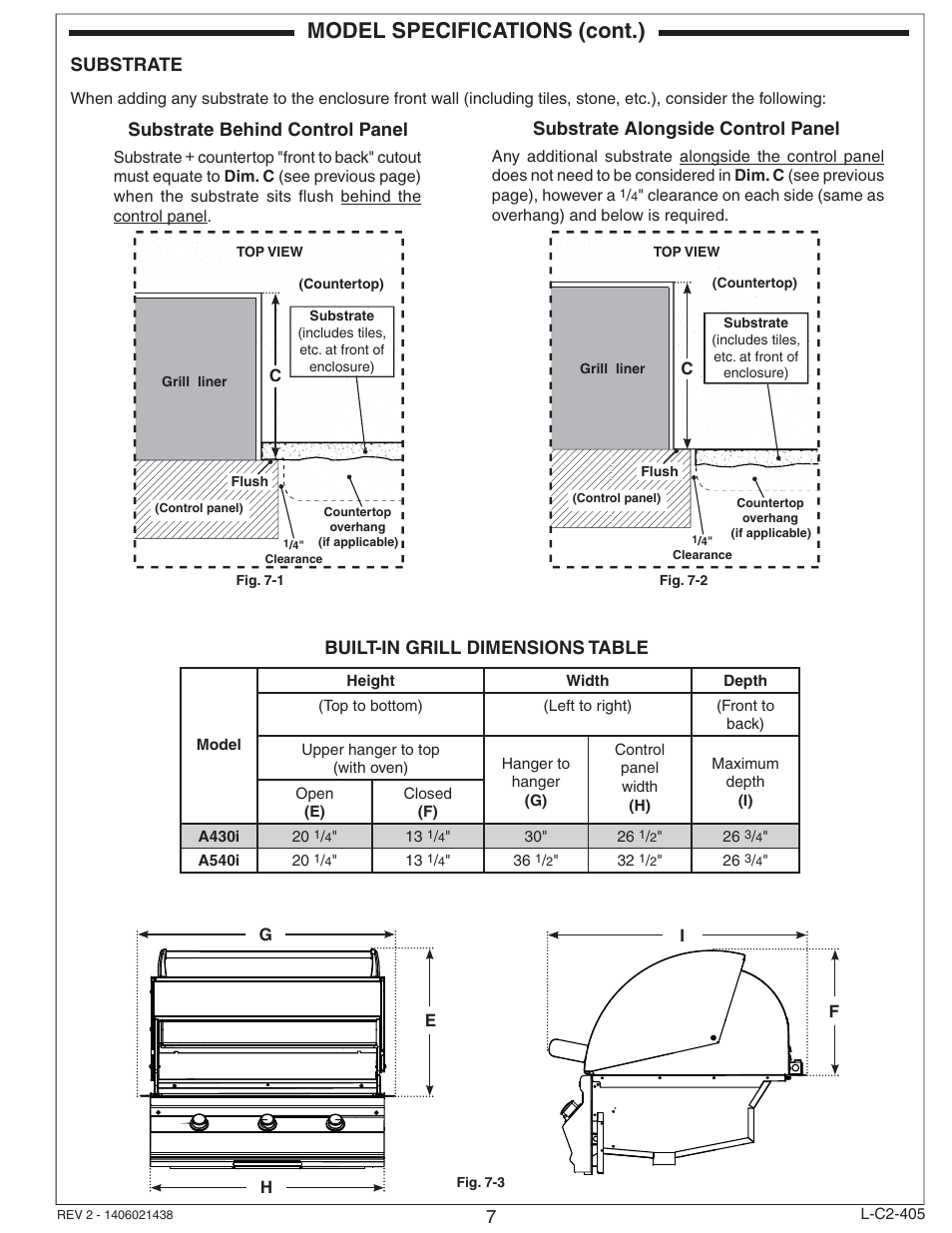 Model specifications (cont.), Substrate, Built-in grill dimensions table | Fire Magic Choice Built-In Grill C430i, C540i User Manual | Page 7 / 26