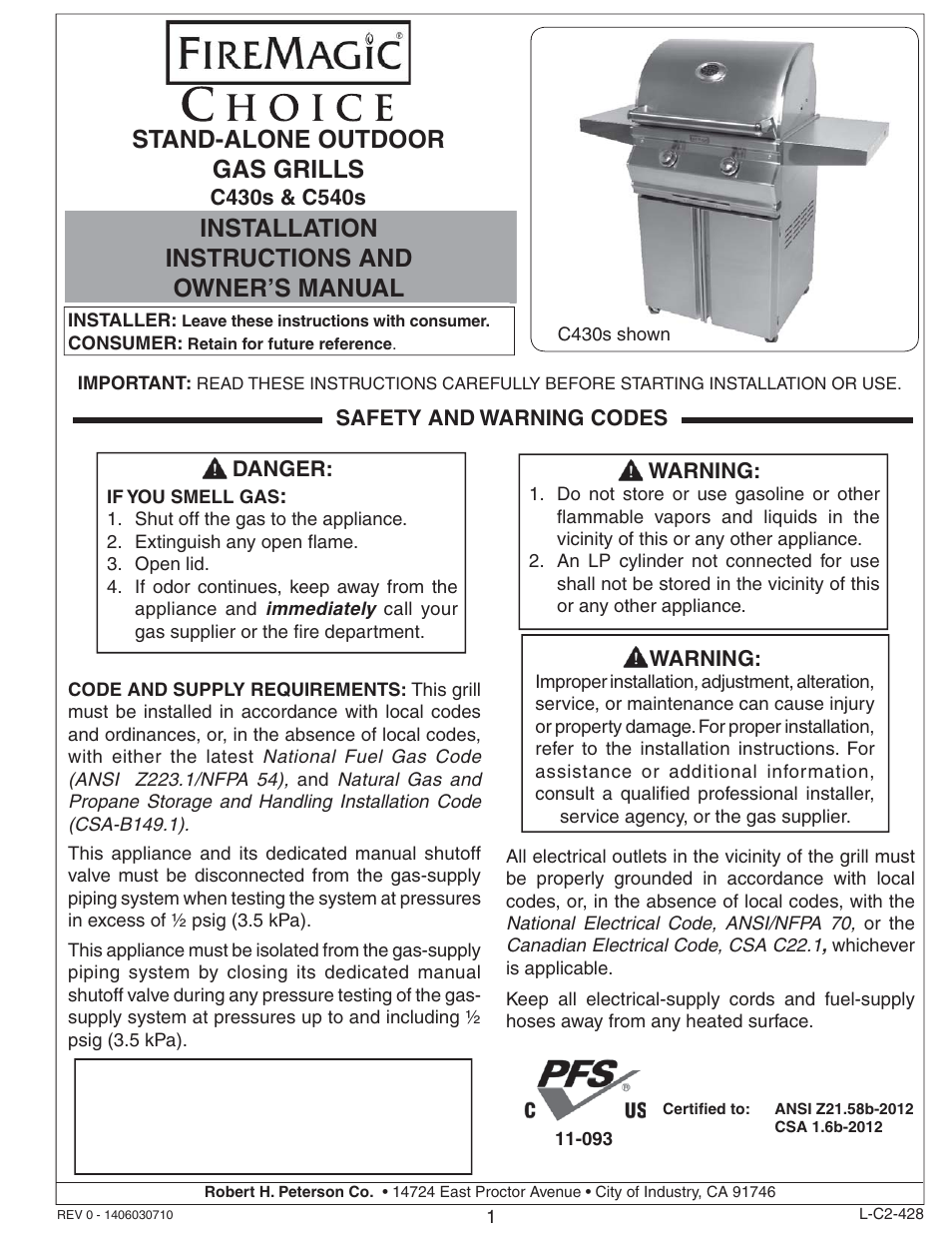 Fire Magic Choice Stand-alone Grill C430s, C540s User Manual | 26 pages