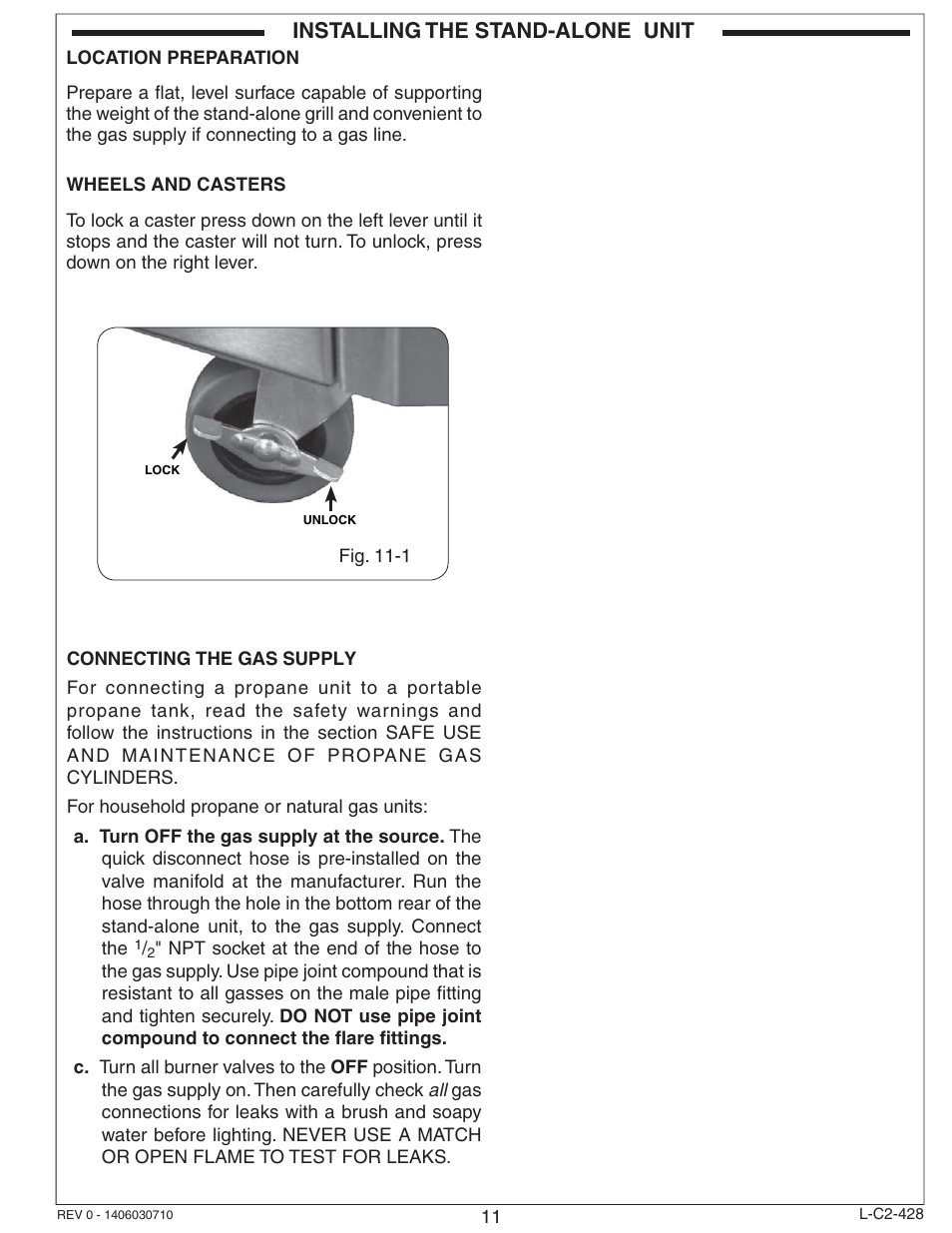 Installing the stand-alone unit | Fire Magic Choice Stand-alone Grill C430s, C540s User Manual | Page 11 / 26