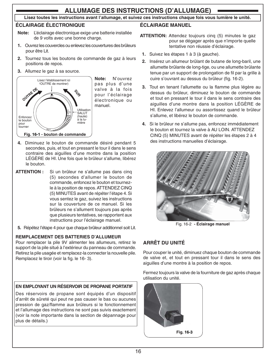 Allumage des instructions (d’allumage), Arrêt du unité, Éclairage électronique | Éclairage manuel | Fire Magic Choice Stand-alone Grill C430s, C540s User Manual | Page 16 / 26