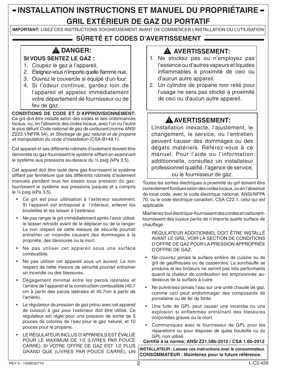 Gril extérieur de gaz du portatif, Danger, Avertissement | Sûreté et codes d’avertissement | Fire Magic Choice Stand-alone Grill C430s, C540s User Manual | Page 2 / 26