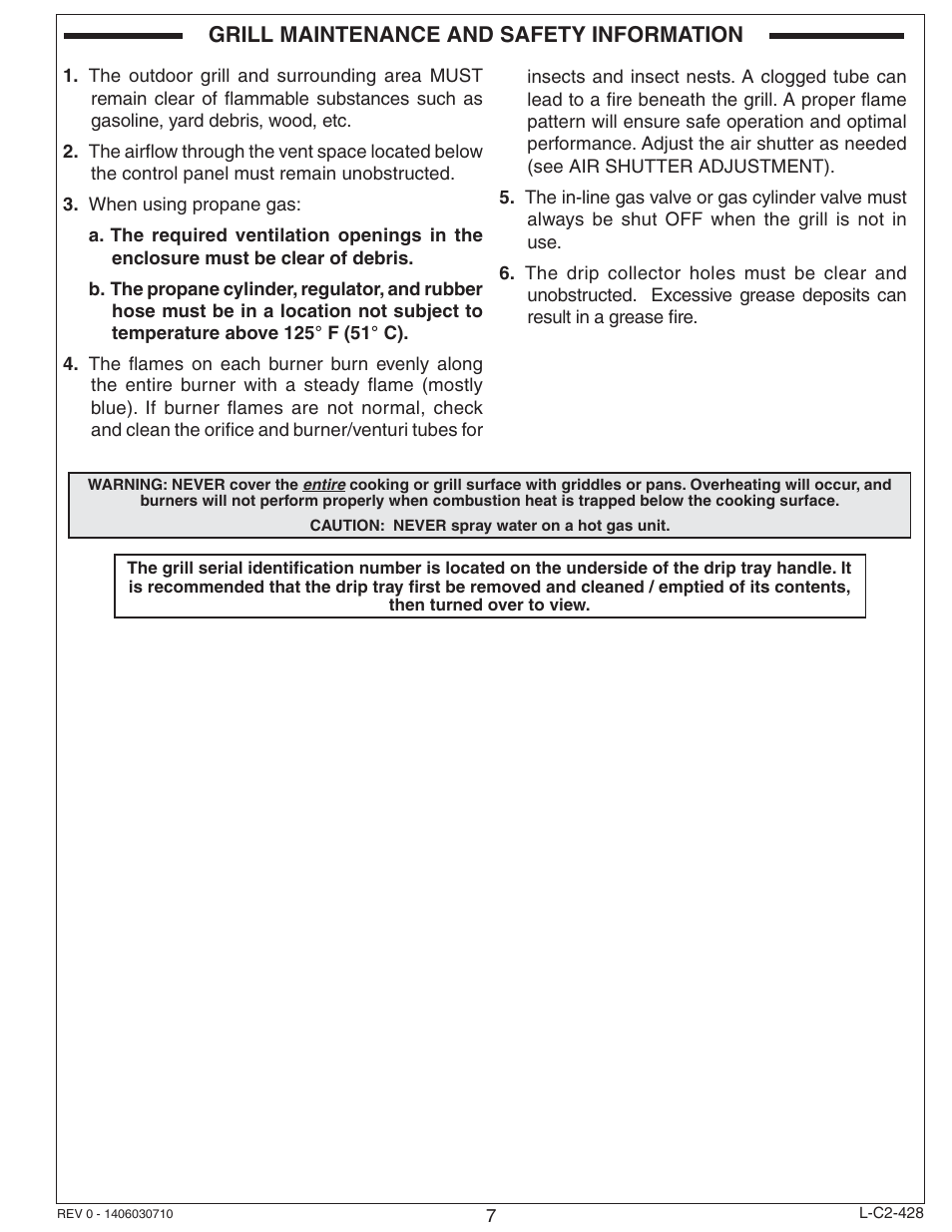 Grill maintenance and safety information | Fire Magic Choice Stand-alone Grill C430s, C540s User Manual | Page 7 / 26
