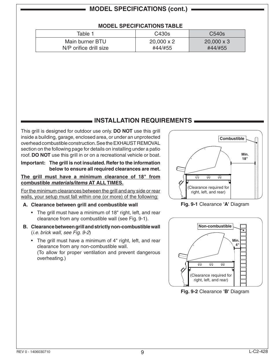 Installation requirements, Model specifications (cont.) | Fire Magic Choice Stand-alone Grill C430s, C540s User Manual | Page 9 / 26