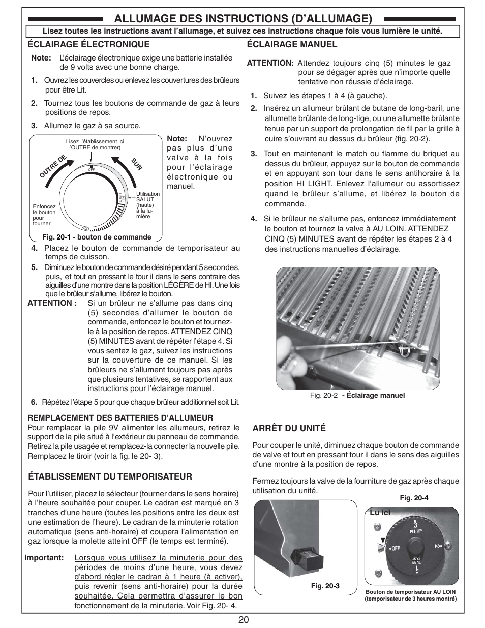 Allumage des instructions (d’allumage), Arrêt du unité, Éclairage électronique | Éclairage manuel, Établissement du temporisateur | Fire Magic Choice Post Grills C430s User Manual | Page 20 / 30