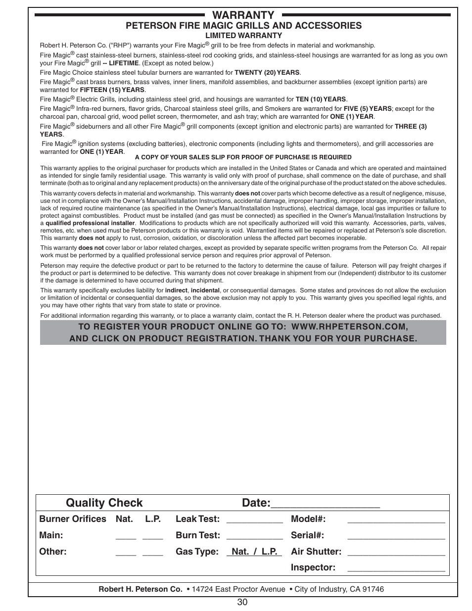 Quality check date, Warranty, Peterson fire magic grills and accessories | Fire Magic Choice Post Grills C430s User Manual | Page 30 / 30