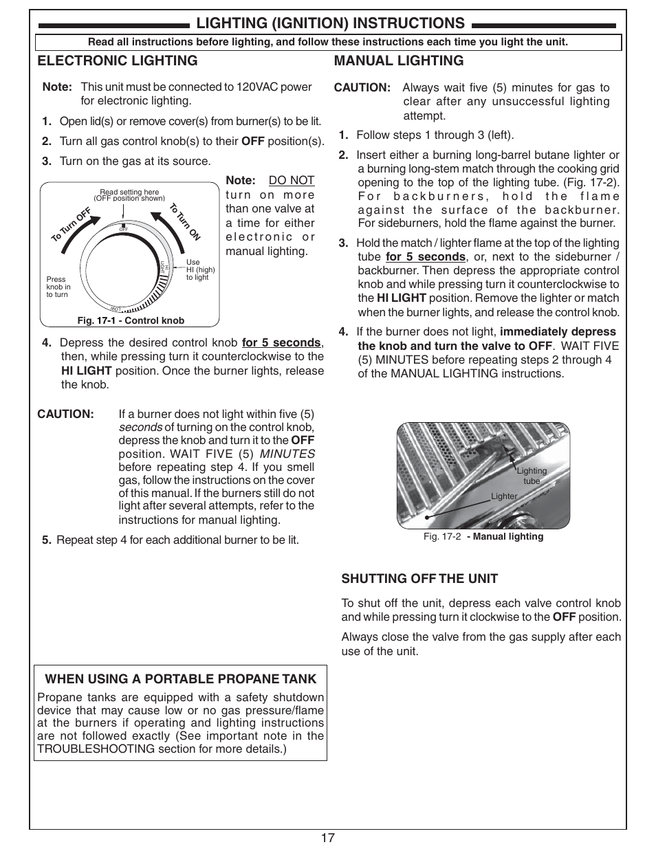 Lighting (ignition) instructions, Electronic lighting, Manual lighting | 17 shutting off the unit, When using a portable propane tank | Fire Magic Aurora Combined Stand-alone User Manual | Page 17 / 36
