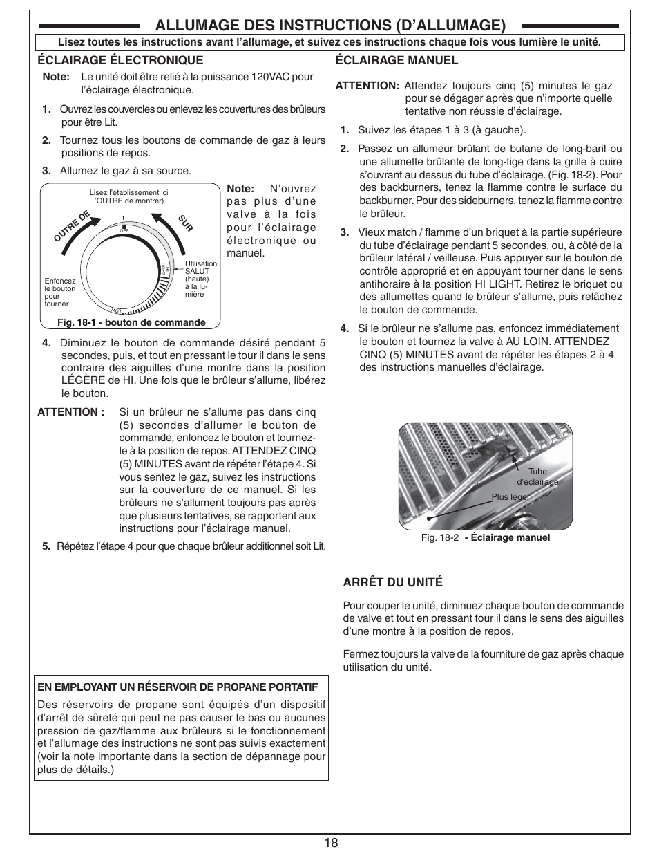 Allumage des instructions (d’allumage), Arrêt du unité, Éclairage électronique | Éclairage manuel | Fire Magic Aurora Combined Stand-alone User Manual | Page 18 / 36