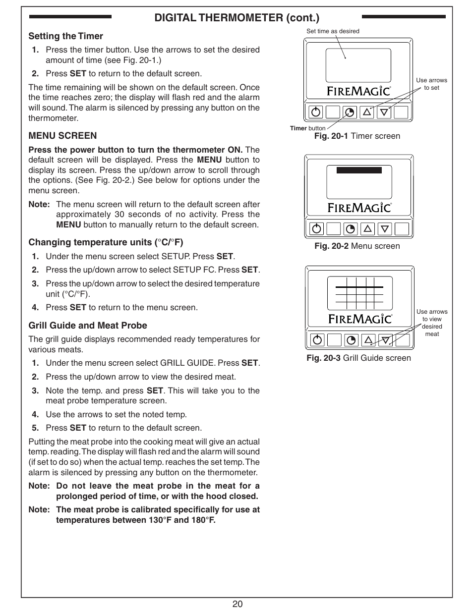 Digital thermometer (cont.), Setting the timer, Menu screen | Changing temperature units ( ° c/ ° f), Grill guide and meat probe, Timer, Fig. 20-2 menu screen, Fig. 20-3 grill guide screen, Fig. 20-1 timer screen | Fire Magic Aurora Combined Stand-alone User Manual | Page 20 / 36