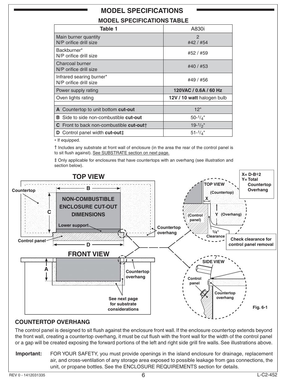 Model specifications, Top view, Front view | Fire Magic Aurora Built-In Combo Grill A830i User Manual | Page 6 / 34