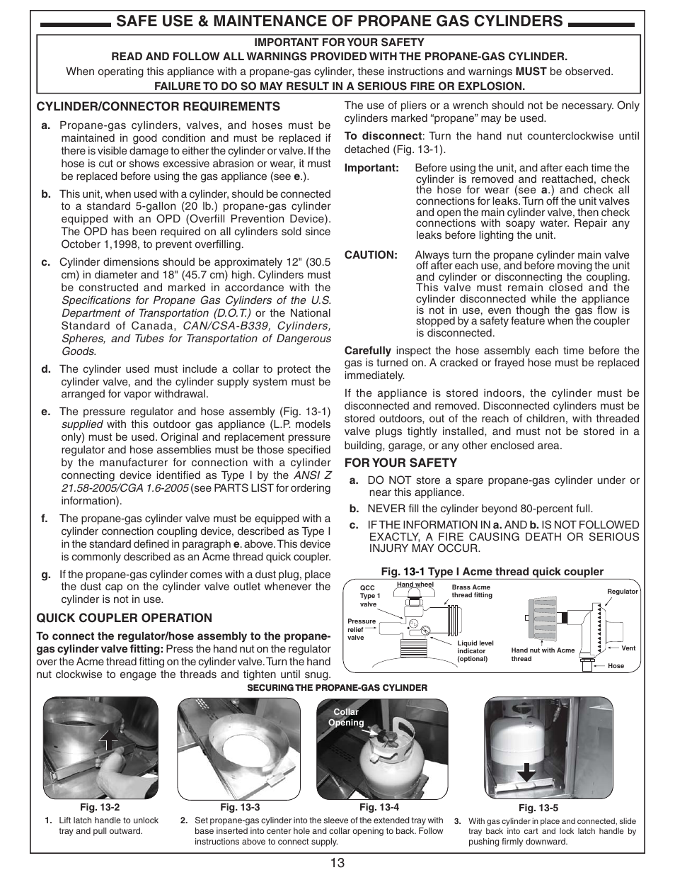 Safe use & maintenance of propane gas cylinders | Fire Magic Aurora Stand Alone Combo Grill A830s User Manual | Page 13 / 34