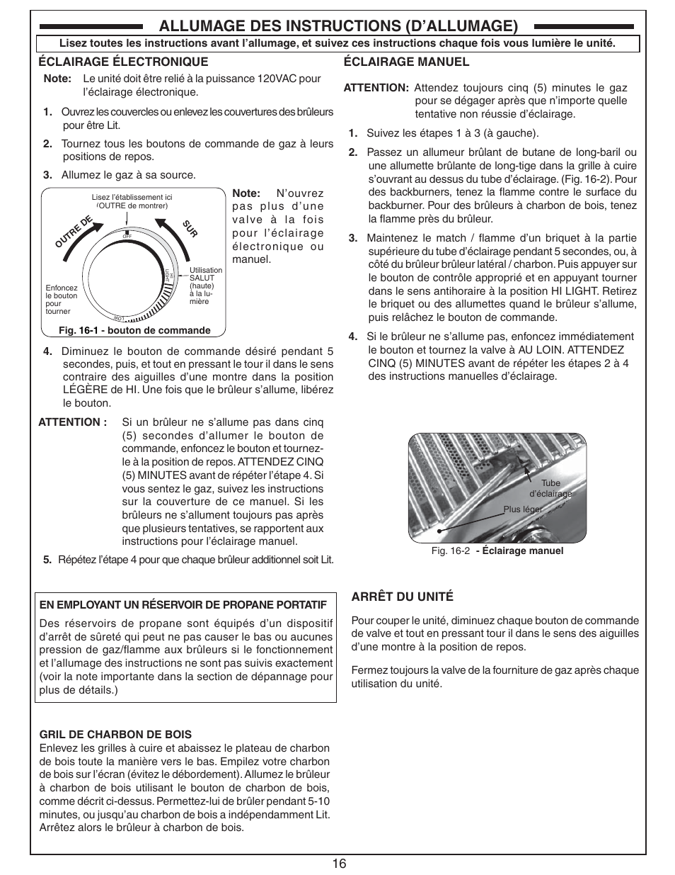 Allumage des instructions (d’allumage), Arrêt du unité, Éclairage électronique | Éclairage manuel | Fire Magic Aurora Stand Alone Combo Grill A830s User Manual | Page 16 / 34