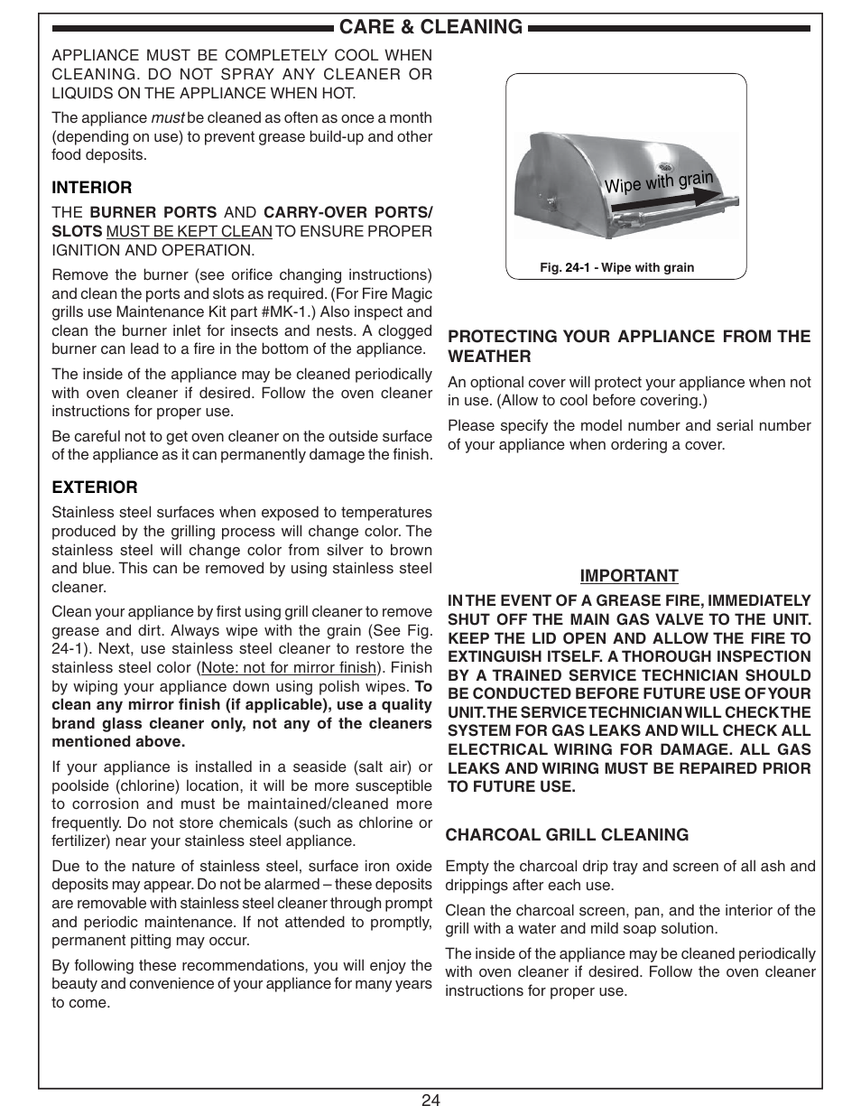 Care & cleaning | Fire Magic Aurora Stand Alone Combo Grill A830s User Manual | Page 24 / 34