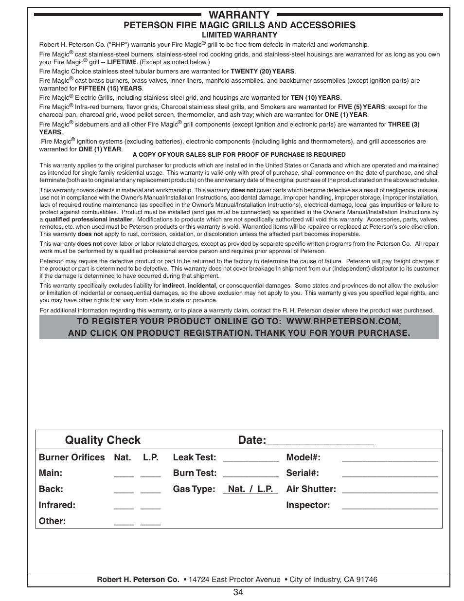 Quality check date, Warranty | Fire Magic Aurora Stand Alone Combo Grill A830s User Manual | Page 34 / 34