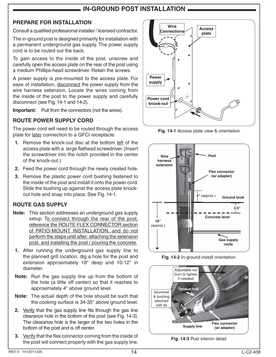 In-ground post installation, Prepare for installation, Route power supply cord | Route gas supply | Fire Magic Aurora Combined Stand-alone Post A430s User Manual | Page 14 / 38
