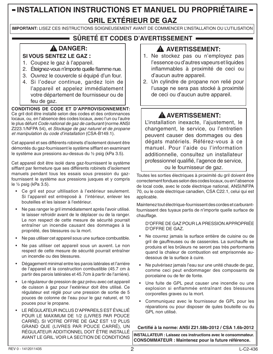 Gril extérieur de gaz, Danger, Avertissement | Sûreté et codes d’avertissement | Fire Magic Aurora Combined Stand-alone Post A430s User Manual | Page 2 / 38