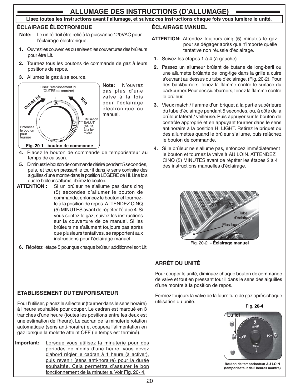 Allumage des instructions (d’allumage), Arrêt du unité, Éclairage électronique | Éclairage manuel, Établissement du temporisateur | Fire Magic Aurora Combined Stand-alone Post A430s User Manual | Page 20 / 38