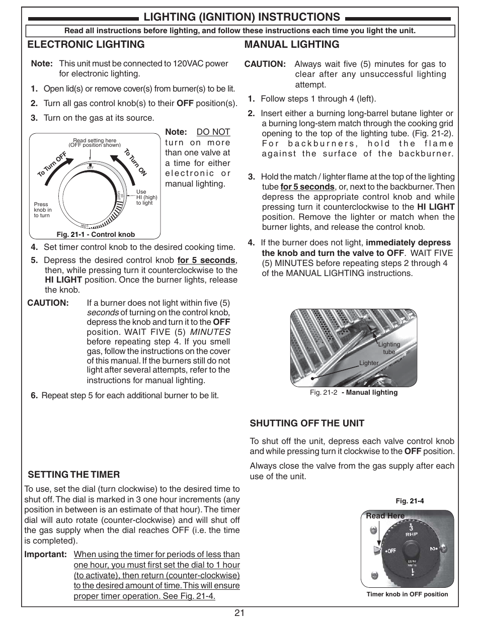 Lighting (ignition) instructions, Electronic lighting, Manual lighting | 21 shutting off the unit, When using a portable propane tank, Setting the timer | Fire Magic Aurora Combined Stand-alone Post A430s User Manual | Page 21 / 38