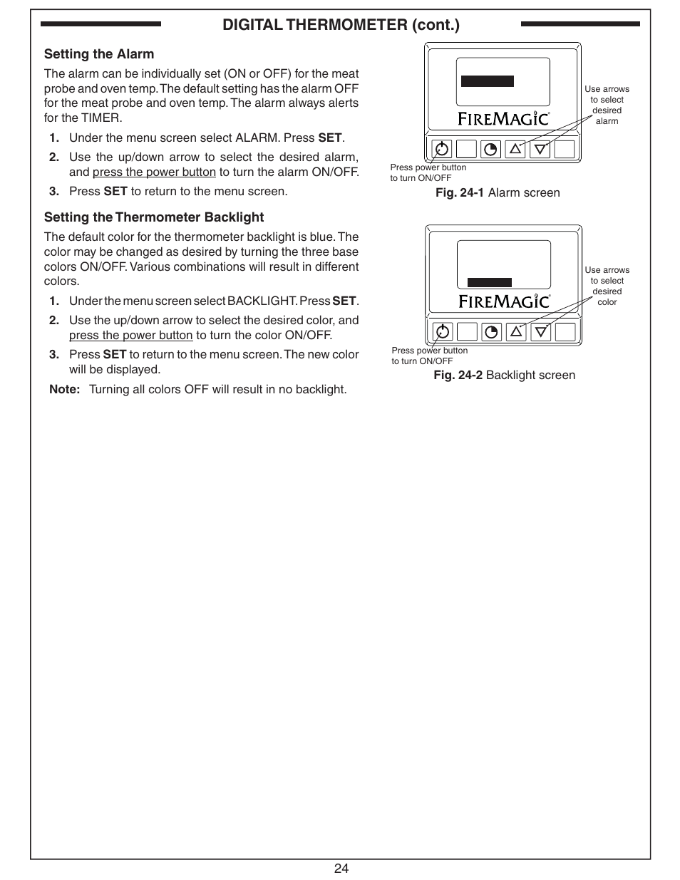 Digital thermometer (cont.), Setting the alarm, Setting the thermometer backlight | Fire Magic Aurora Combined Stand-alone Post A430s User Manual | Page 24 / 38