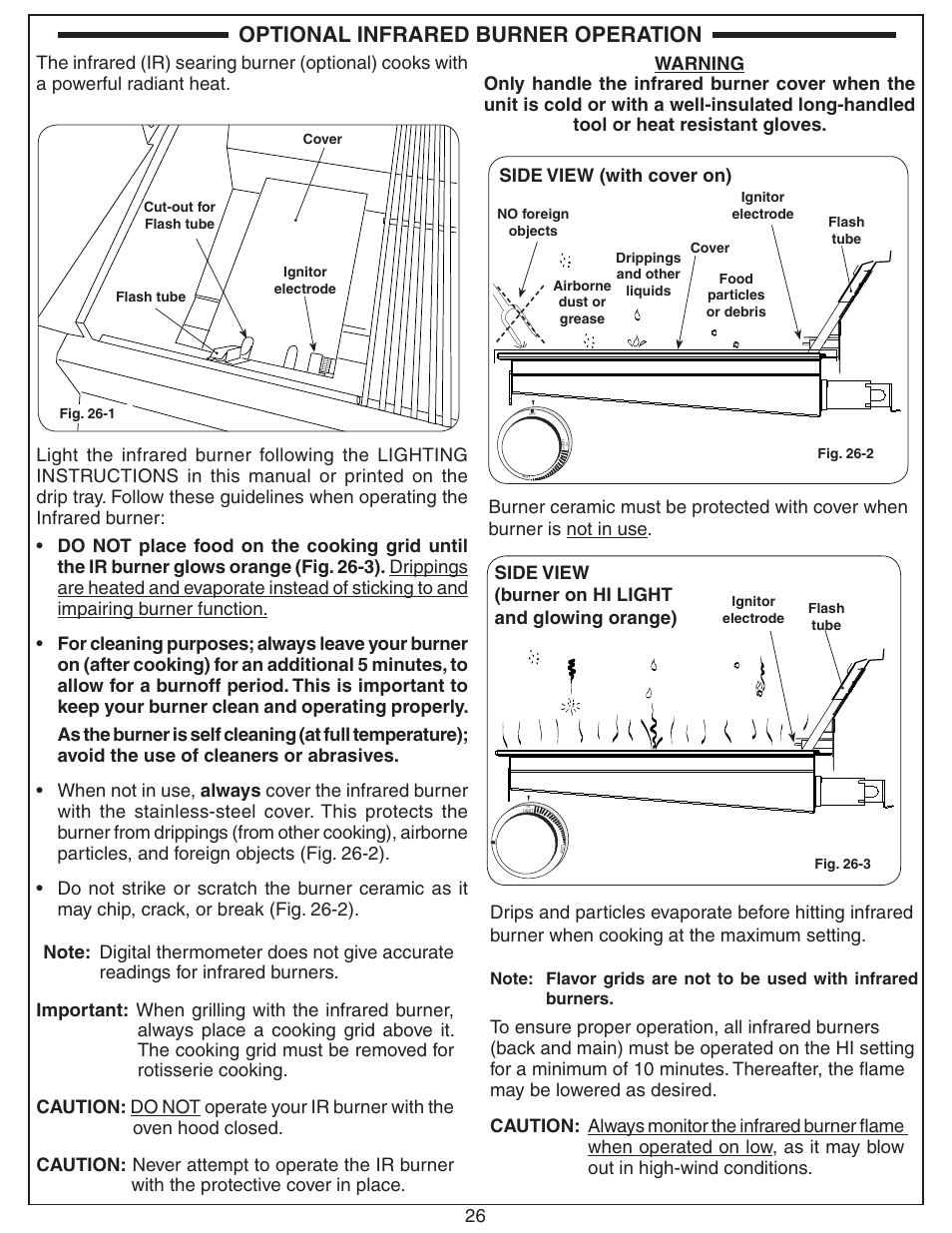 Optional infrared burner operation, Side view (burner on hi light and glowing orange), Side view (with cover on) | Fire Magic Aurora Combined Stand-alone Post A430s User Manual | Page 26 / 38