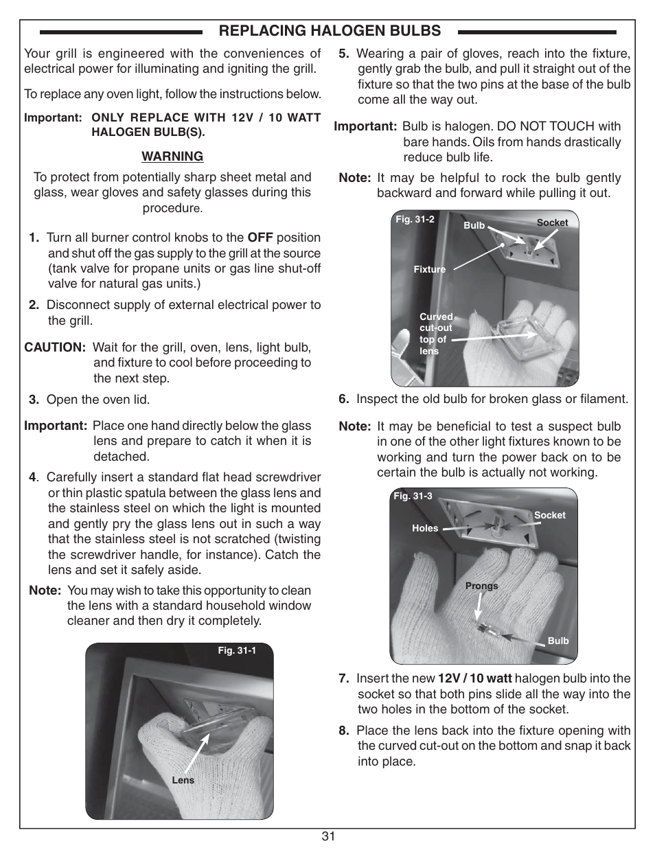 Replacing halogen bulbs | Fire Magic Aurora Combined Stand-alone Post A430s User Manual | Page 31 / 38
