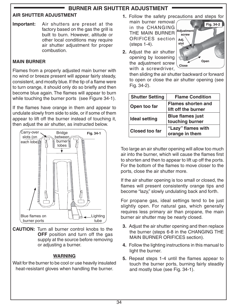 Burner air shutter adjustment | Fire Magic Aurora Combined Stand-alone Post A430s User Manual | Page 34 / 38