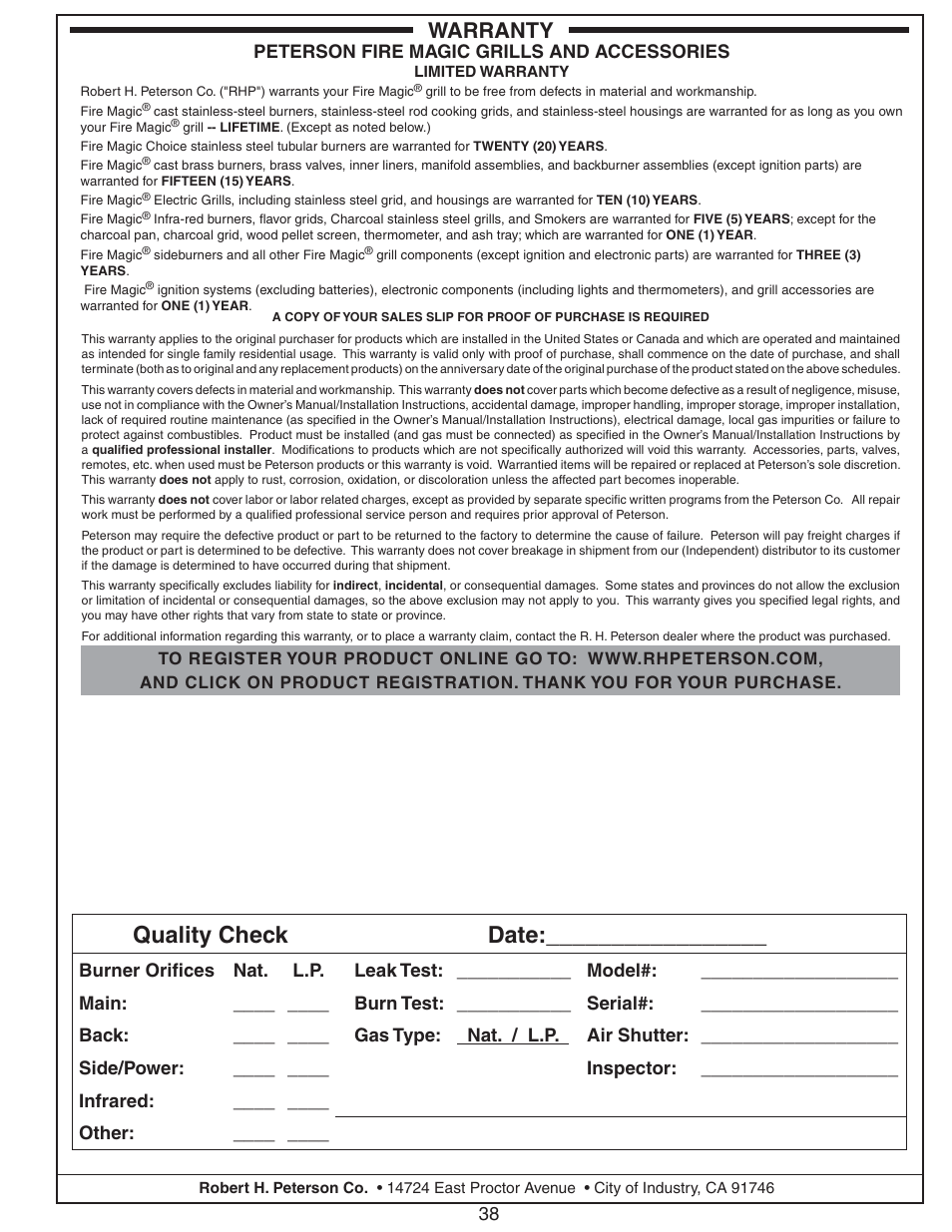 Quality check date, Warranty | Fire Magic Aurora Combined Stand-alone Post A430s User Manual | Page 38 / 38