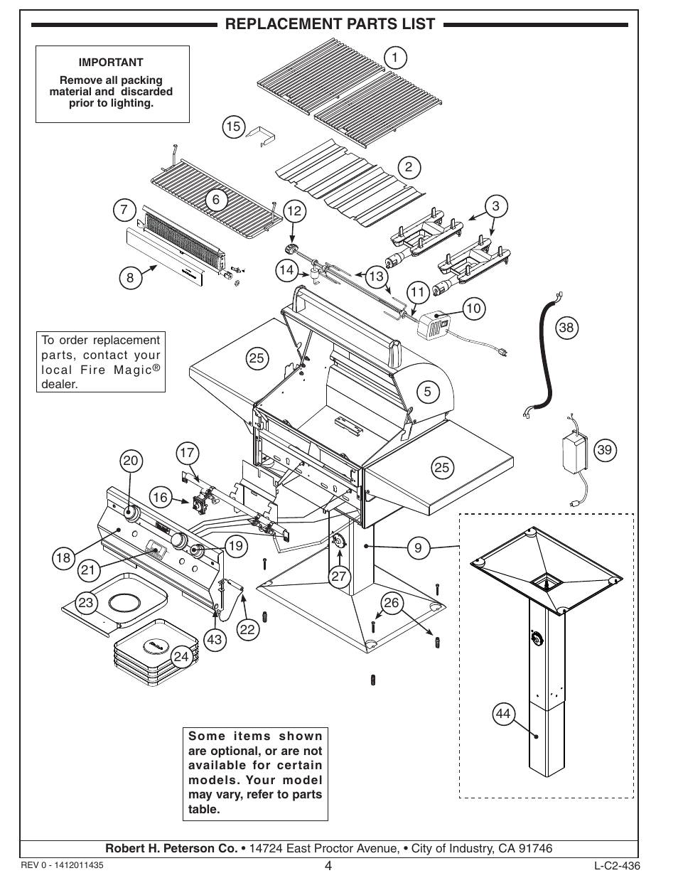 Replacement parts list | Fire Magic Aurora Combined Stand-alone Post A430s User Manual | Page 4 / 38