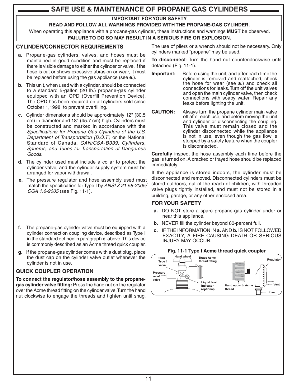 Safe use & maintenance of propane gas cylinders | Fire Magic Aurora Multi-Housing Built-In Grill A430i-1E1(N,P)-01 User Manual | Page 11 / 22