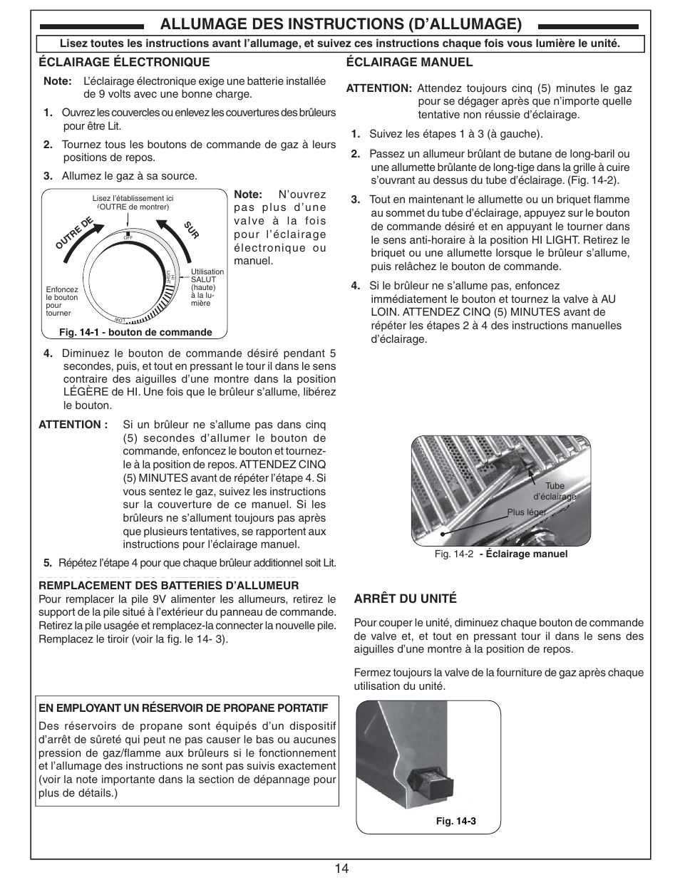 Allumage des instructions (d’allumage), Arrêt du unité, Éclairage électronique | Éclairage manuel | Fire Magic Aurora Multi-Housing Built-In Grill A430i-1E1(N,P)-01 User Manual | Page 14 / 22