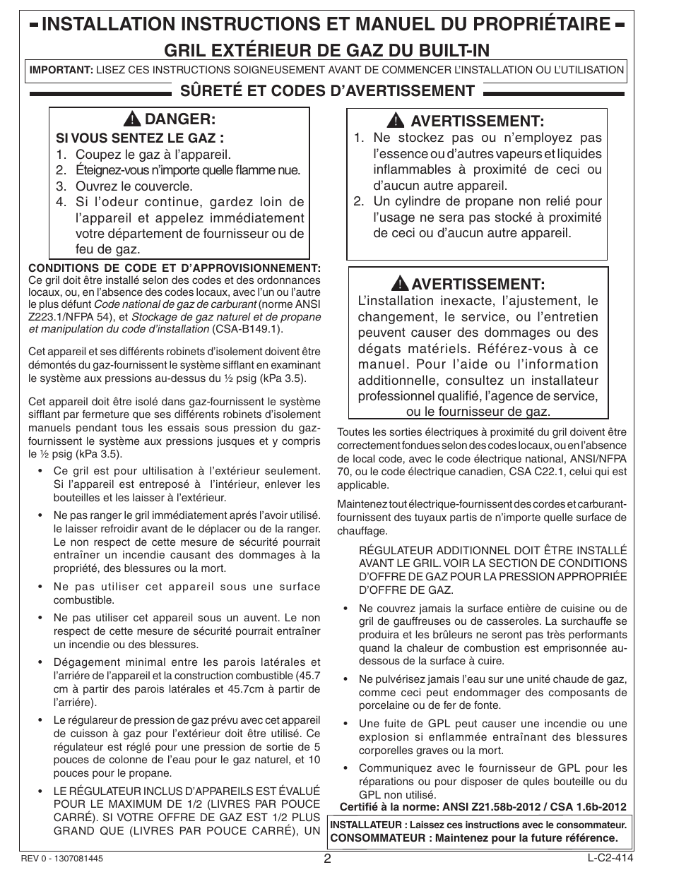 Gril extérieur de gaz du built-in, Danger, Avertissement | Sûreté et codes d’avertissement | Fire Magic Aurora Multi-Housing Built-In Grill A430i-1E1(N,P)-01 User Manual | Page 2 / 22
