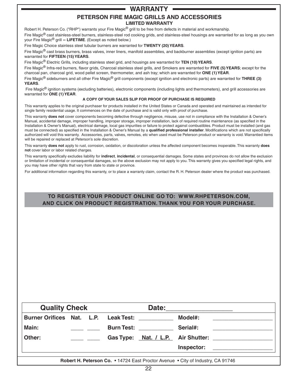 Quality check date, Warranty, Peterson fire magic grills and accessories | Fire Magic Aurora Multi-Housing Built-In Grill A430i-1E1(N,P)-01 User Manual | Page 22 / 22