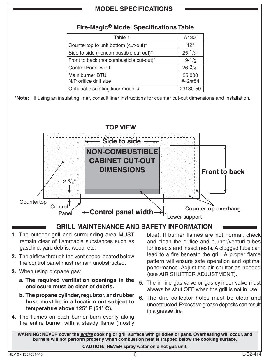 Non-combustible cabinet cut-out dimensions, Side to side, Front to back | Control panel width | Fire Magic Aurora Multi-Housing Built-In Grill A430i-1E1(N,P)-01 User Manual | Page 6 / 22