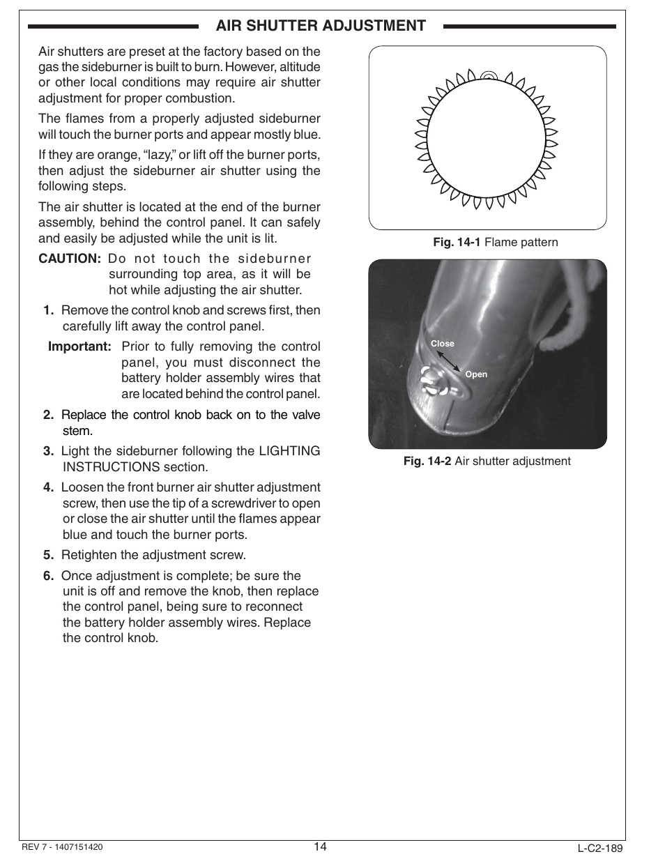 Air shutter adjustment | Fire Magic Aurora Single Sideburner Slide-in 3279 Series User Manual | Page 14 / 22